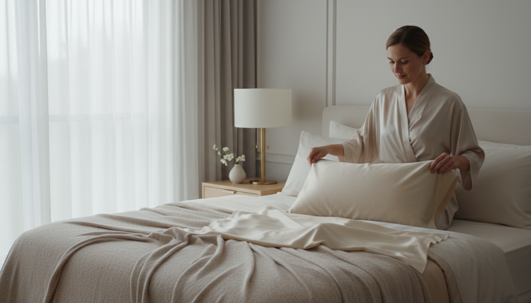 Ivory silk bedsheet on a made bed